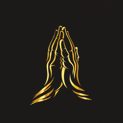 Praying golden hands on dark background, logo 