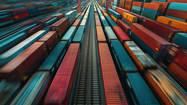 Across a sprawling railway network, sleek modern trains glide effortlessly along the tracks, their cargo containers stacked high with goods from around the world, symbolizing the s
