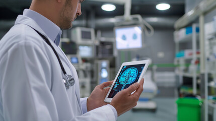 Against the backdrop of medical equipment, a doctor examines a tablet with a brain MRI, his attention fully engaged.
