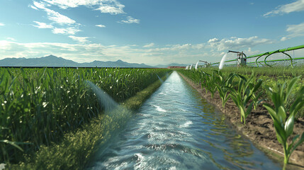 Alongside gentle streams, robotic irrigation systems hum to life, delivering precise amounts of water to thirsty crops with unparalleled efficiency, conserving resources while maxi - obrazy, fototapety, plakaty