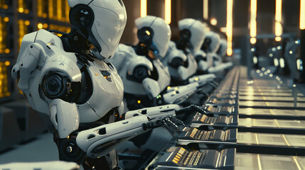 Fototapeta premium Alongside banks of humming servers, robotic programmers input lines of code with lightning speed, imbuing their mechanical creations with the intelligence and autonomy needed to na