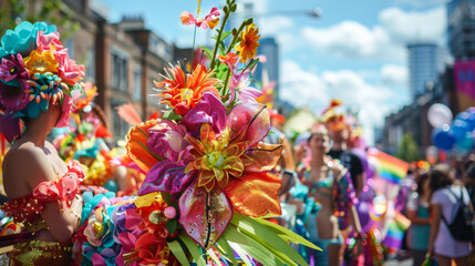 A dynamic shot of a float in a Pride parade, adorned with large, bright floral decorations, people around it dressed in eye-catching costumes, capturing the movement and the festive spirit, the citysc