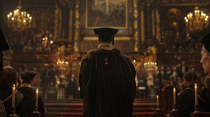 Amidst the opulent splendor of a ceremonial hall, a graduate stands tall as they receive their diploma from the chancellor, the ornate frame glinting in the candlelight as it signi