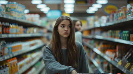 Amidst the hustle and bustle of the supermarket aisle, a young woman pushes her shopping cart with a furrowed brow, her gaze darting from product to product as she struggles to fin