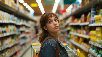 Against the backdrop of towering shelves, a young woman navigates her shopping cart with a troubled expression, her mind racing with concerns as she tries to make sense of the chao
