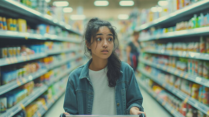 Amidst the aisles teeming with shoppers, a worried young woman pushes her shopping cart with a sense of urgency, her eyes scanning the shelves with apprehension as she tries to fin