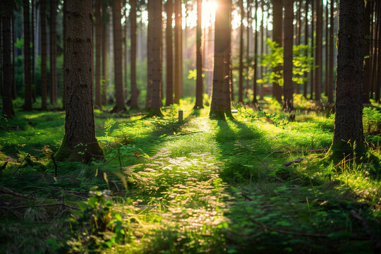 Sunlight streaming through a peaceful forest. Generative AI image