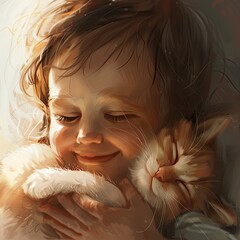 Close-up of a baby and a kitten hugging. Cozy sleep, happiness, care, warmth and love. Print for clothing, printing on fabric, paper. Illustration for advertising of pet advocates.
