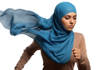 Portrait of beautiful caucasian skin woman wearing hijab over white png background. Waving head scarf, femininity, concept of goods for muslim islamic women. Copy space for text and design.