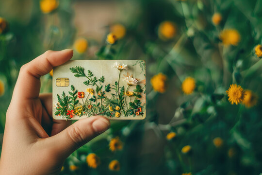 Floral credit card held in hand with natural background. Generative AI image