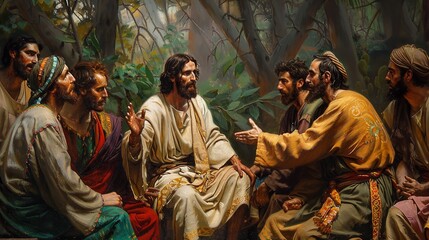 Jesus conversing with his followers in copy space. Generative Ai