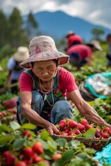 Group of People Harvesting Strawberries in a Field