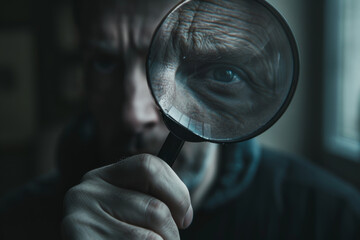 A striking close-up of a man's eye as seen through a magnifying glass, intensifying his gaze.