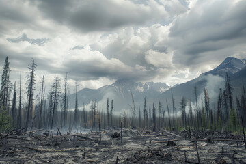 A haunting post-wildfire landscape, with charred trees standing against a dramatic sky and mountains. - Powered by Adobe