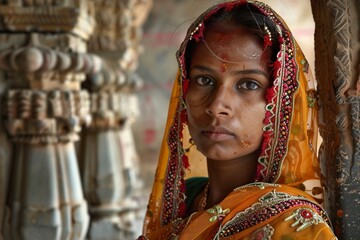 Obraz premium Woman in Yellow Sari Sitting in Doorway