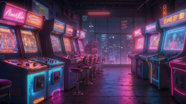 Retro Neon Arcade, vaporwave-themed arcade game center, bathed in the glow of neon lights that cast a retro-futuristic ambiance. The scene is set against a backdrop of an urban nightscape.