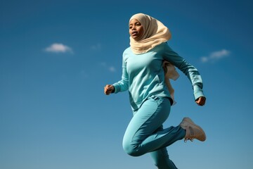 Middle Eastern Arabic woman hijab jogging outdoors, daily routine for Muslim female, healthy habit for adult, running workout in morning, wear sportswear for sportsman.