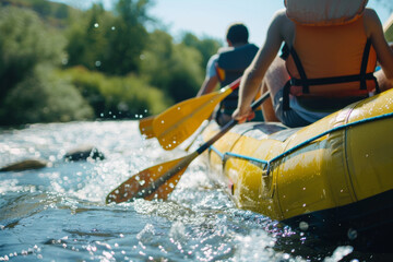 Naklejka premium Paddlers navigate sparkling waters in a yellow raft, adventure in every stroke.