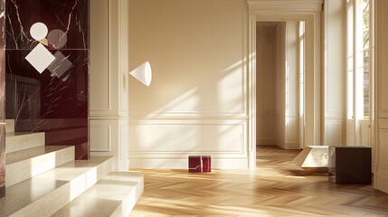 Luxury home, creamy walls, burgundy accents, geometric lighting, sunny