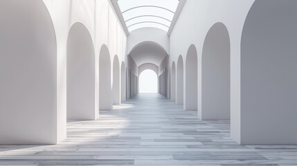 Fototapeta premium Calm 3D gallery with grey wooden flooring and arch, gently lit by skylight, creating a serene setting.