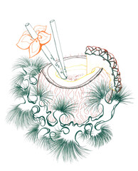 Silhouette of a popular symbol of the holiday season. Hawaiian coconut cocktail garnished with a fluffy plant. Cartoon line art. A piece of juicy pineapple and wooden sticks with a tropical flower.