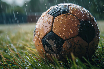 Rain-soaked soccer ball on a grassy field. Generative AI image