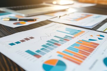 closeup of assorted business documents with charts and graphs financial data