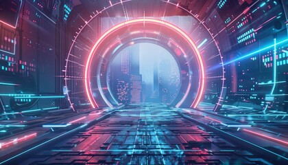 A futuristic podium backdrop featuring holographic light and cyberpunk elements, set within a digital portal circle, ideal for gaming or high-tech product showcases