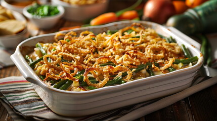 Classic green bean casserole topped with crispy fried onions in a baking dish.