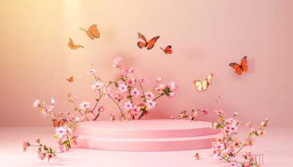 A floral and butterfly-themed pink podium, ideal for spring presentations or cosmetic displays in a romantic and elegant setting