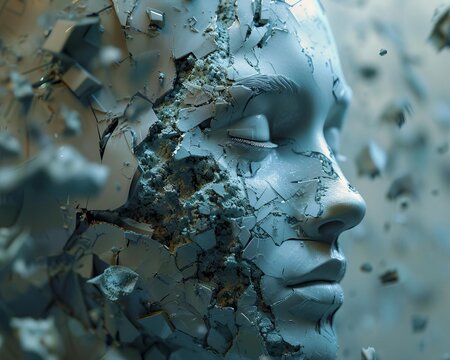 3D render showcasing the process of creating a deep fake, with layers peeling back to reveal the technology behind facial reconstruction