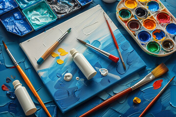 Table cluttered with open paint tubes and an assortment of paintbrushes 