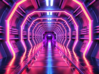 Fototapeta premium Futuristic spaceship corridor rendered in 3D with neon lighting, creating a high-tech atmosphere in an abstract, sci-fi tunnel with reflective floors