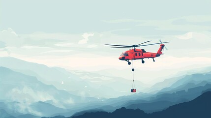 A red helicopter is flying in the mountains. It is carrying a load of supplies. The helicopter is flying at a high altitude