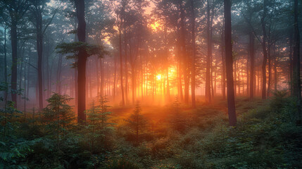 Obraz premium Mystical Sunrise: Forest Awakens in Ethereal Mist