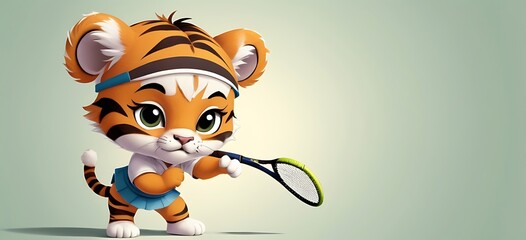 Tennis player cartoon Tiger, soft background, copy space, illustration