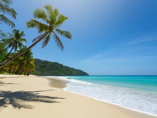 Fototapeta premium Generated image, A beautiful tropical beach with palm trees and turquoise water, sunlight shining on the sand. A clear blue sky above and waves gently crashing onto shore. 