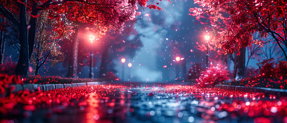 Rainy Autumn Night in the City, Street Lights Creating a Blurry Bokeh Effect on Wet Surfaces