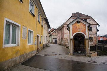 Lepo Znamenje, known as the Beautiful Shrine, in a southern suburb of Skofja Loka, in Gorenjska,...
