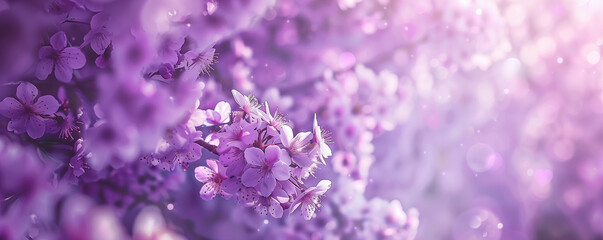Obraz premium Purple spring blossom, panoramic view, floral card design, generated by AI 