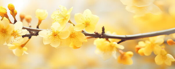 Yellow tree blossom in spring, abstract nature background, panoramic view, generated ai
