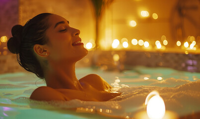 Woman enjoying relaxing spa bath in a warm atmosphere with candle light, generated ai