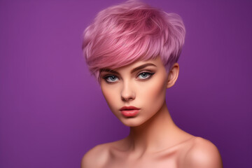 Closeup studio portrait of a beautiful young model with an extremely close-cropped haircut. She is standing against a bright pink wall. 