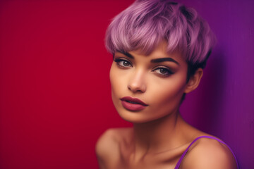 Fototapeta premium Closeup studio portrait of a beautiful young model with an extremely close-cropped haircut. She is standing against a bright pink wall. 