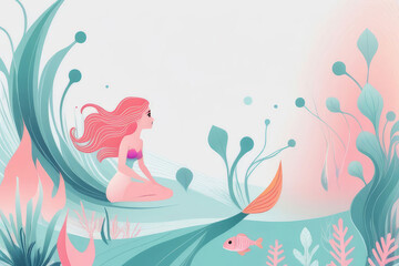 Fototapeta premium Сute mermaid under in the marine life, in watercolor style.