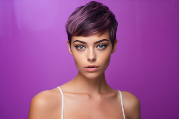 Closeup studio portrait of a beautiful young model with an extremely close-cropped haircut. She is standing against a bright pink wall. 