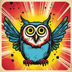 Fototapeta premium Owl on grunge background with vintage sun rays.