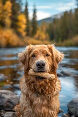 Fototapeta premium beautiful and funny dog with a bone in its mouth