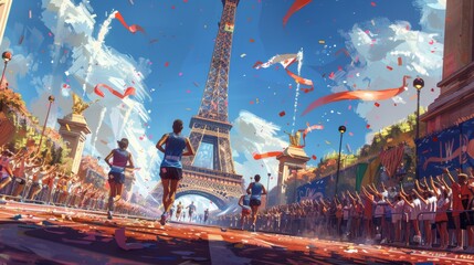 Obraz premium Olympic games 2024 in Paris France. Athletes running, sports event, Eiffel tower background
