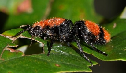 Red velvet ant with black head rests on green leaf. Bright orange fur patches adorn its abdomen....